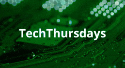 white text reads 'techthursdays' on a, green abstract memory boardbackground