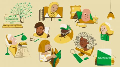 Online Winter Conference 2021 15-16 December 2021 #altcWinter21 Online Winter Conference 2021 15-16 December 2021 #altcWinter21 - Conference artwork depicting individuals interacting with technology