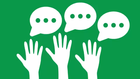 Hands raised and speech bubbles above 