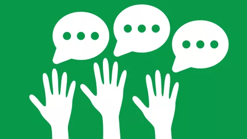 Hands raised and speech bubbles above 