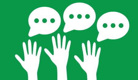 Hands raised and speech bubbles above 